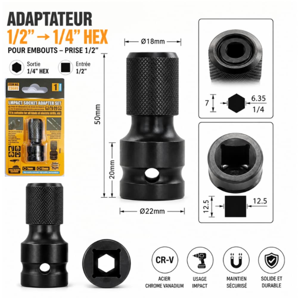 ADAPTATEUR 1/2" → 1/4" HEX – POUR EMBOUTS – PRISE 1/2" 1MMT15-21