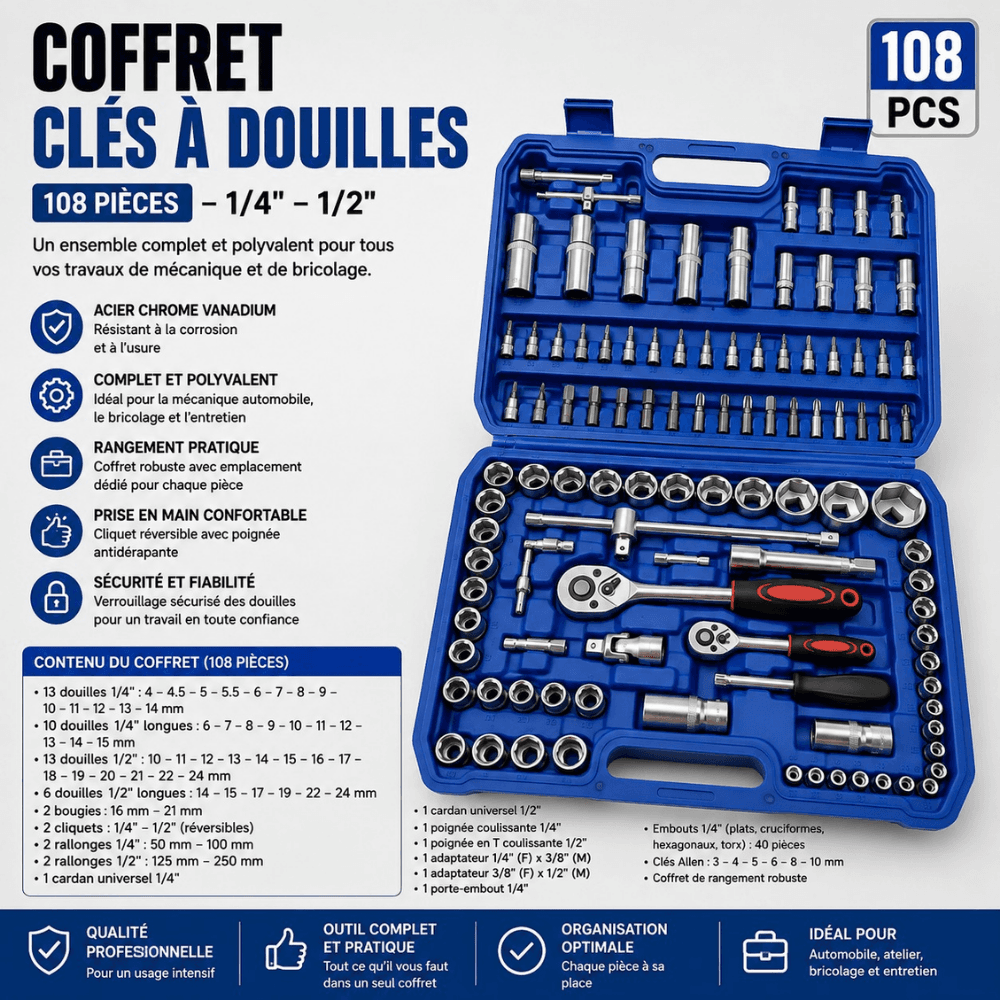 COFFRET CLÉ À DOUILLES 108 PIÈCES 1MMT5-2